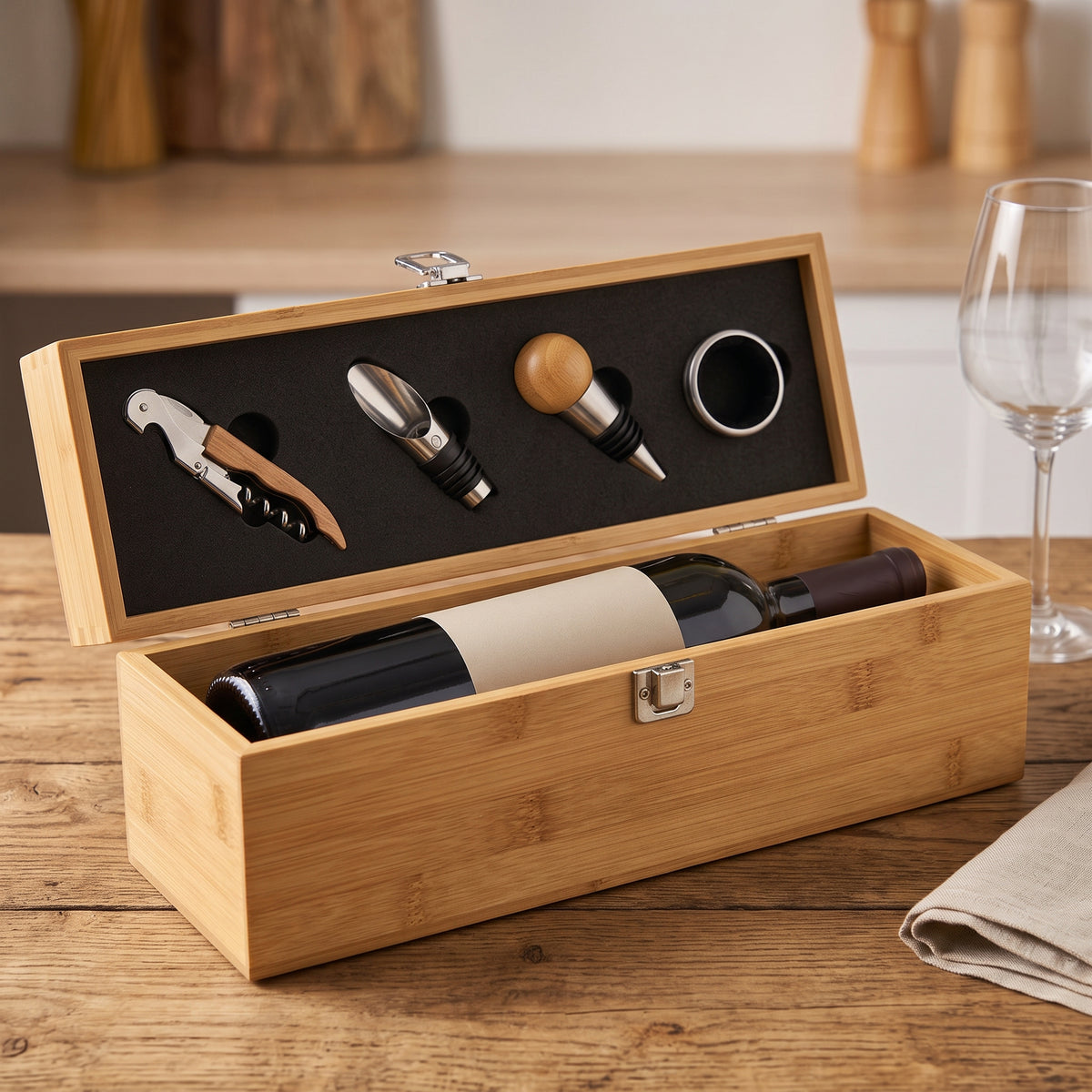 Kit de vino personalizado en estuche de bambú con hueco para la botella y accesorios de acero inoxidable, grabado a láser en Churuata Creativa Leganés