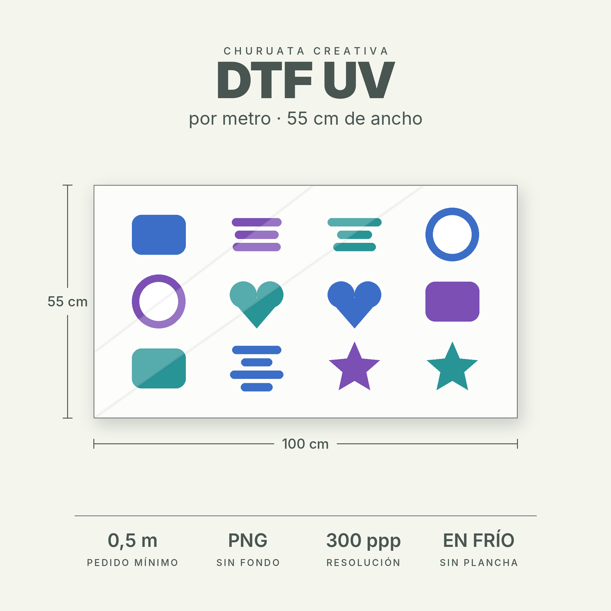 Pliego de DTF UV de 55 x 100 cm con adhesivos impresos para superficies rígidas, Churuata Creativa Leganés