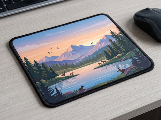 Alfombrilla de ratón personalizada de 23,5 x 19,5 cm con borde cosido, impresa con un paisaje de montaña, sobre un escritorio junto a un teclado y un ratón