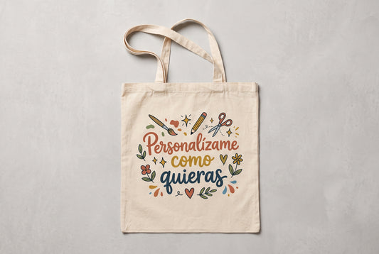 Bolsa de tela personalizada de algodón natural con asas largas, estampada en Churuata Creativa Leganés